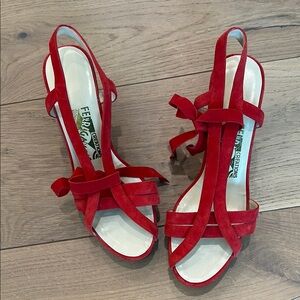 Salvatore Ferragamo Red Heeled Sandals with Bow Details